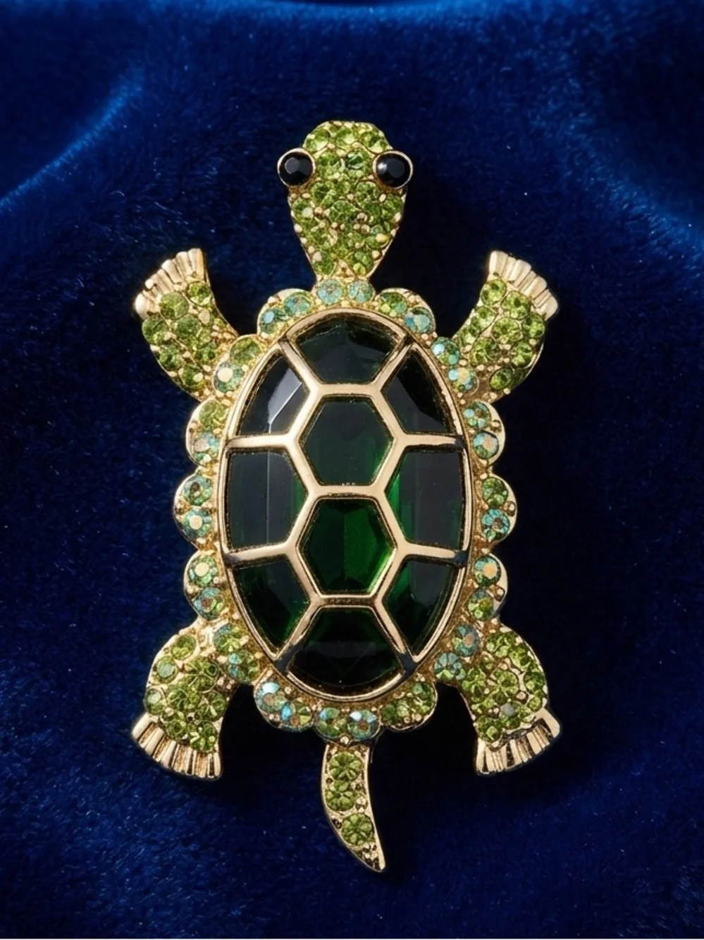 Green and Gold Rhinestone Turtle Brooch Pin